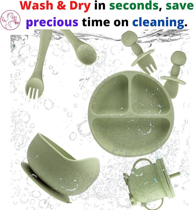 Baby Feeding Set 10-Piece | Baby Led Weaning Utensils Set Includes Suction Bowl and Plate, Baby Spoon and Fork, Sippy Cup, Straw, Lid & 2Bibs | Baby Feeding Supplies (Army Green)