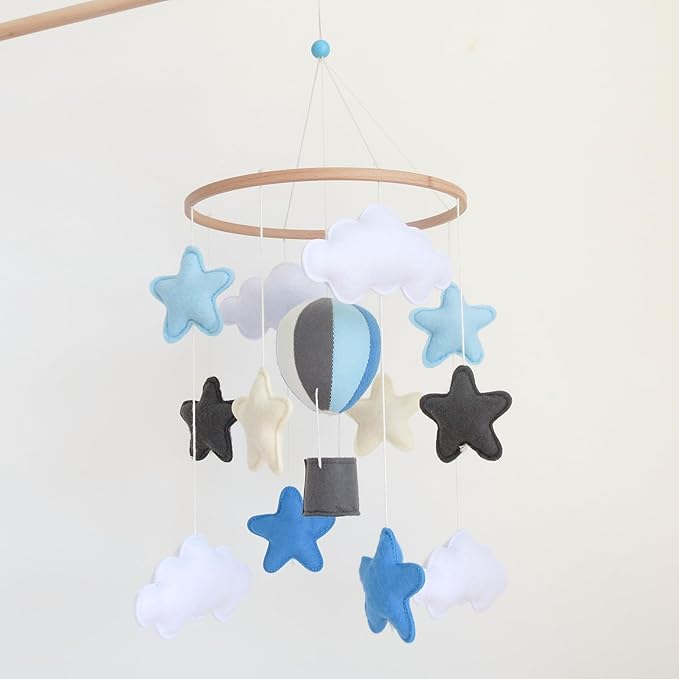 Sky Blue Hot Air Balloon Mobile for Crib Boho Baby Crib Mobile for Boys Girls Stars & Clouds Hot Air Balloon Baby Mobile for Crib