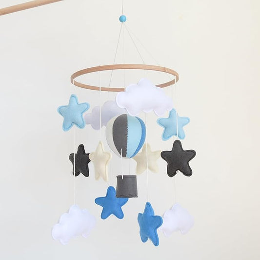 Sky Blue Hot Air Balloon Mobile for Crib Boho Baby Crib Mobile for Boys Girls Stars & Clouds Hot Air Balloon Baby Mobile for Crib