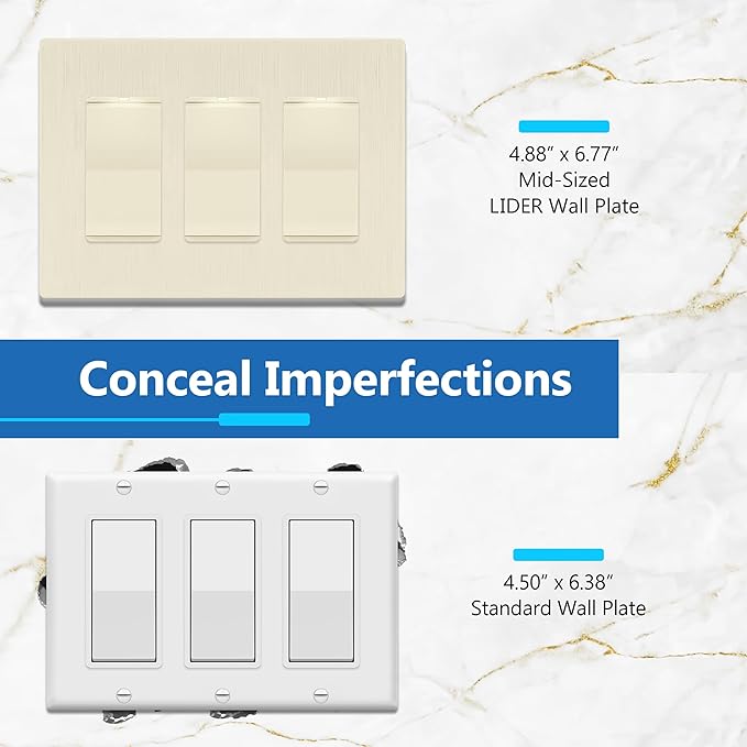 LIDER Brushed Finish Decorator Switch Cover, Screwless Wall Plate, Mid-Size 3-Gang 4.88" x 6.77", Unbreakable Polycarbonate Thermoplastic, UL Listed, LSWP-33M-BLA, Brushed Light Almond
