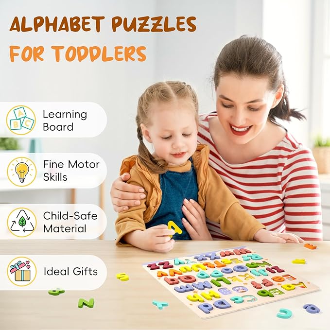 Alphabet Puzzles for Toddlers, ABC Puzzle Toys Wooden Montessori Early Learning Board Preschool Educational Easter Gift for Girls Boys Kids Ages 3+