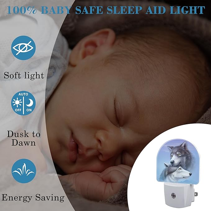 Night Light for Kids Girls Boys, Cool Wolf Couple LED Night Light Plug into Wall with Dusk to Dawn Sensor for Room Decor, Hallway, Kitchen, Bathroom, Nursery, Stairs