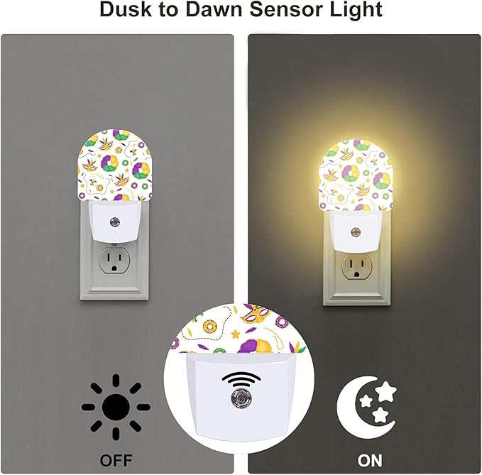 Mardi Gras Carnival Night Light Plug into Wall,Fleur de Lis Mask and Donuts Dusk to Dawn Night Light Plug in,0.5w Energy Saving Sleep Friendly NightLight for Kids Boys Girls Home Decor