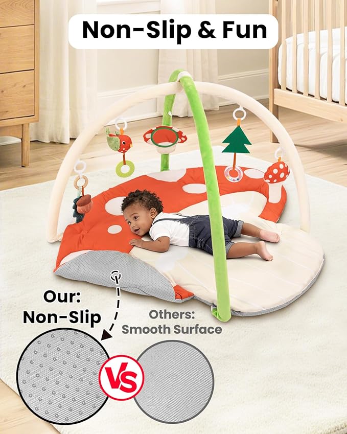 Baby Play Gym, 7-in-1 Thickened and Larger Activity Mat, Washable Baby Play Mat with Non Slip Bottom, Tummy Time Mat with 5 Detachable Toys for Motor Skills, Easy to Store - Mushroom