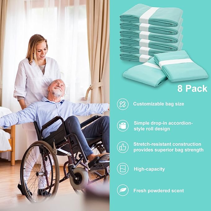 Diaper Pail Liner Refills Bags Compatible with Janibell Akord 330 Series Adult Diaper System, Green, Lightly Scented, 8 Count