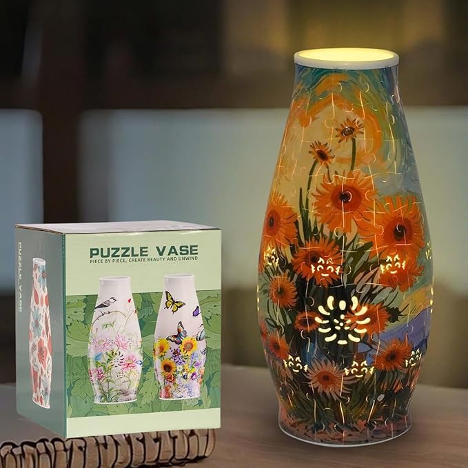 3D Puzzle Vase for Adults, 3D Puzzle Vases for Flowers, 152 Pcs 3D Puzzles Art Vase for Kids Ages 8-13, Cute Unique Flower Vases Decoration with Night Light, Crafts for Adults(Sunflower)