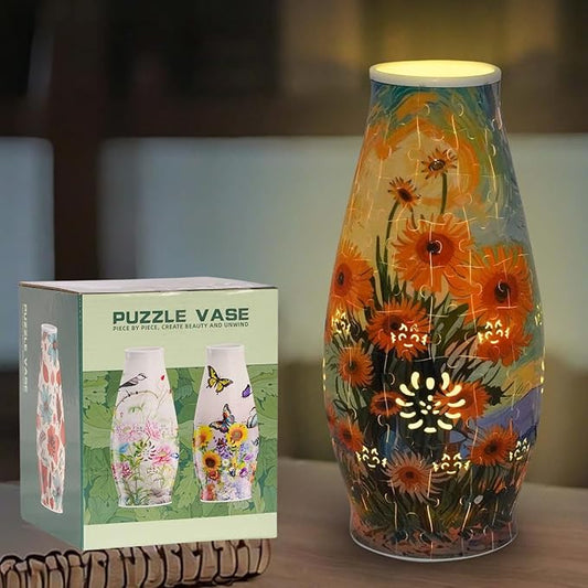 3D Puzzle Vase for Adults, 3D Puzzle Vases for Flowers, 152 Pcs 3D Puzzles Art Vase for Kids Ages 8-13, Cute Unique Flower Vases Decoration with Night Light, Crafts for Adults(Sunflower)
