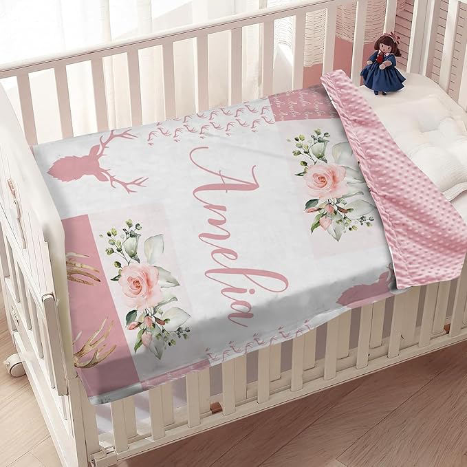 Baby Girl Blanket with Name – Personalized Pink Baby Blanket for Infant Toddler Girls, Floral Woodland Deer Flannel Receiving Swaddle, Custom Newborn Gifts for Birthday New Parents(30"x40")
