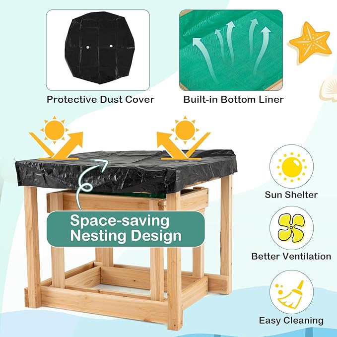 Costzon 2 PCS Wood Kids Sensory Table with Protective Cover, Built-in Liner, Space-Saving Nesting Design for Yard, Garden, Beach, Outdoor Play, Sand and Water Table for Children