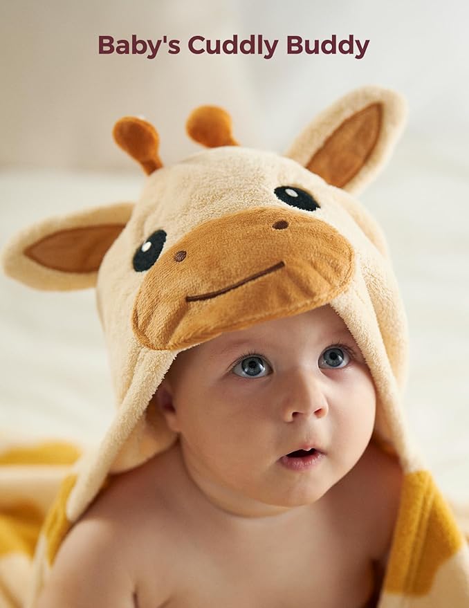 Momcozy Baby Bath Towels with Visualize Health Label - Ultra Soft & Absorbent Coral Fleece Hooded Towels for Newborn, Infant, Toddler (0-36 Months) Bath Essentials (Large Size,2 Pack)