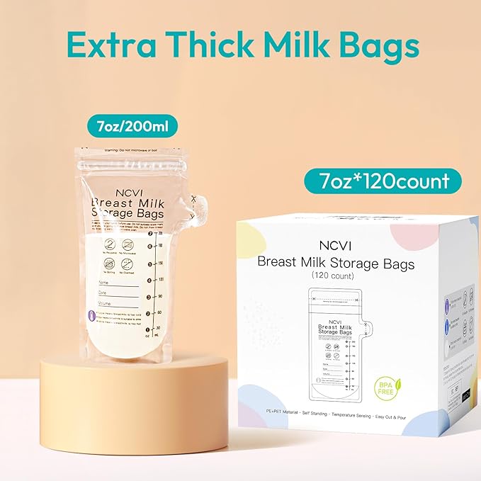 NCVI Breastmilk Storage Bags, 120 Count Milk Storage Bags for Breastfeeding, 7oz Breast Milk Storage Bags with Temp-Sensing, Doubled-Sealed, Hygienically, Self Standing, Easy Pour Spout, BPA Free
