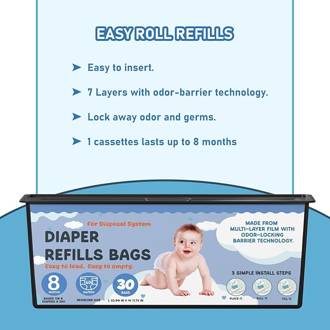Diaper Pail Refills Bags with 30 Bags Compatible with Genie Easy Roll Signature Diaper Pails and Platinum Diaper Pails, Lasts Up to 8 Months, 7-Layer Odor-Barrier Technology, 4 Pack (120 Bags)