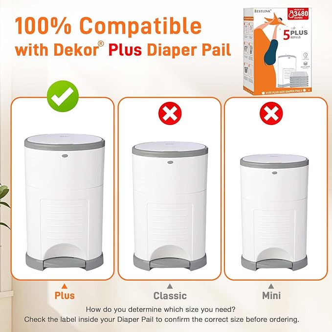 5 Pack Refills Compatible with DEKOR PLUS Diaper Pails | 20% Extra Length Diaper Pail Refill Bags Liners Holds 3480 Diapers | Ultimate Odor Control with Baby Scented