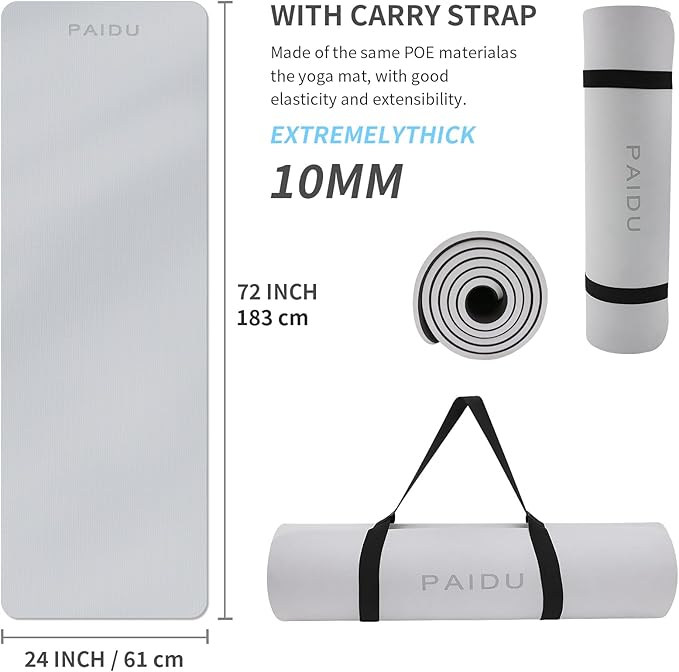 Yoga Mat Non Slip Anti-tear,extra thick-2/5 inch（10MM）High Resiliency Professional POE Yoga Mats for Women Men Kids,72"x24"inch,Workout, Yoga, Pilates and Floor Exercise, with Carrier Strap