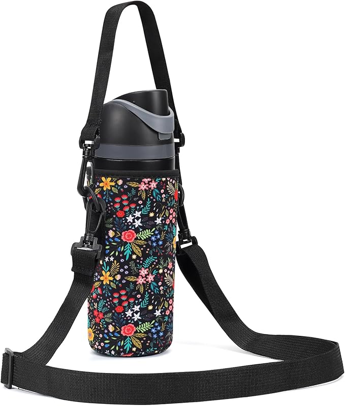 Neoprene Water Bottle Carrier Bag with Adjustable Shoulder Strap for Owala 24 OZ Tumbler, Insulated Water Bottle Cover for Owala FreeSip Insulated Water Bottle (Little Flower, 24 OZ)