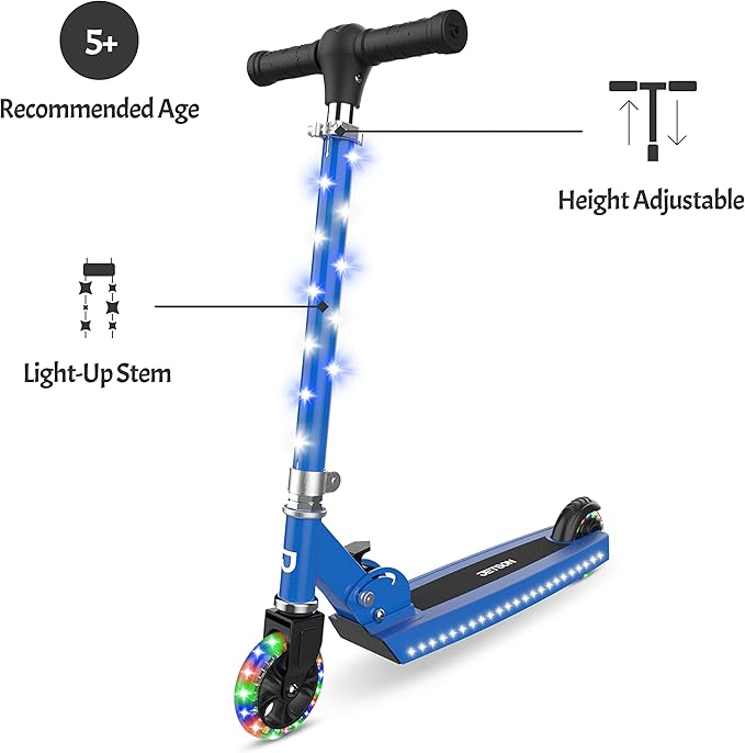 Jetson Jupiter Kids 2-Wheel Light-Up Kick Scooter, LED Lights on Handlebar, Stem, Wheels & Deck, Adjustable Handlebar, Rear Brake, Easy-Folding Mechanism, Ages 5+