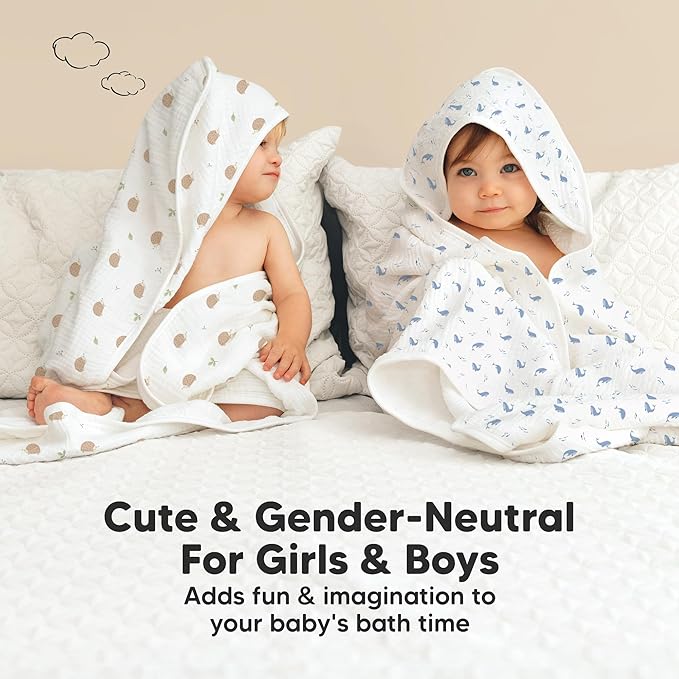 KeaBabies Muslin Baby Bath Towels with Hood for Girls,Boys-Large Organic Cotton Hooded Baby Towels for Newborns,Toddlers,Infant,Kids,Soft Absorbent Newborn Bath Essentials Gift Set(Whale Bay, Regular)