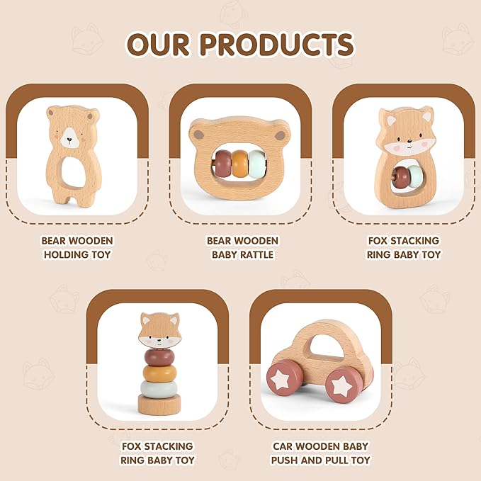 Freniland Wooden Montessori Toys, 5-Piece Wooden Baby Toys, Bear Wooden Baby Rattle, Fox Stacking Ring,Wooden Car Push and Pull Toys, Bear Grasping Toys,Newborn Baby Gift Sets for Boys and Girls