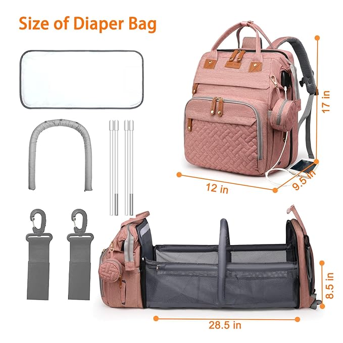 Baby Diaper Bags with Changing Station, Waterproof Diaper Bag Backpack for Moms Dads with USB Charging Port, Baby Shower Gifts, Large Capacity diaper backpack, Pink