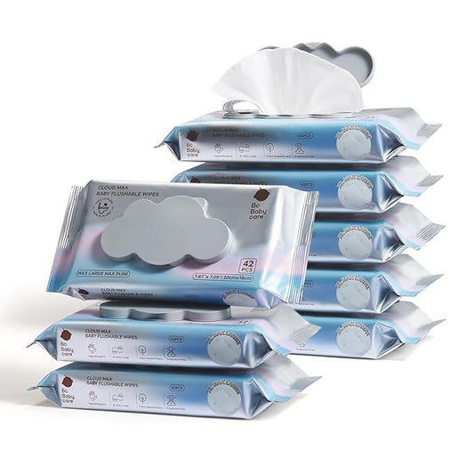 Bc Babycare Flushable Wipes, Hypoallergenic for Sensitive Skin, 99% Water, Plant-Based Fibers, Sewer + Septic Safe, Fragrance Free Toddler Potty Training, 336 Wipes, 8 Pack