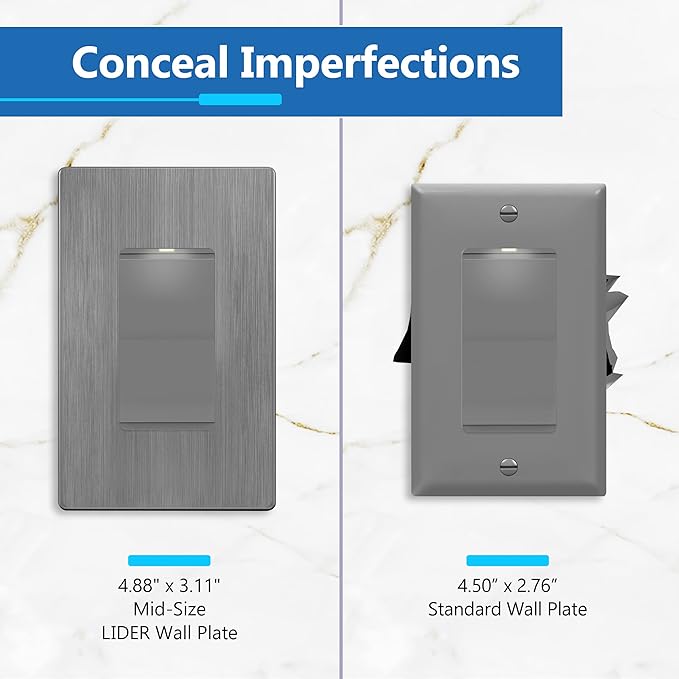 LIDER Brushed Finish Decorator Switch Cover, Screwless Wall Plate, Mid-Size 1-Gang 4.88" x 3.11", Unbreakable Polycarbonate Thermoplastic, UL Listed, LSWP-31M-BGY10P, Brushed Gray, 10 pack