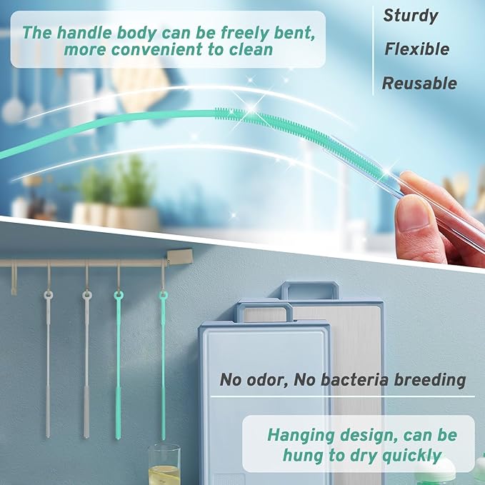 Reusable Silicone Straw Brush,Straw Cleaner,Pipe Cleaners,Extra Long Cleaner Brush for Cleaning Bottle Metal Glass Straws Drink Lid,Straw Cover,Smoothie Straw,Drinking Mint Green 6mm+8mm