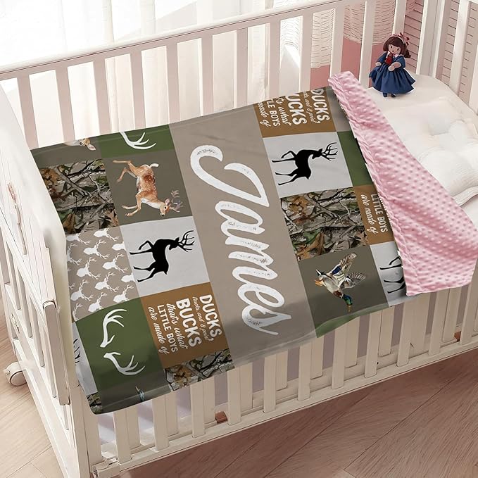 Personalized Baby Blanket for Boys, Custom Baby Blankets with Name, Soft Flannel Double Layer Receiving Swaddle Blanket, Woodland Deer Monogram Birthday Gifts for Toddlers Infants (60"x80")