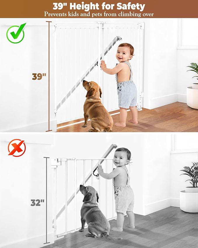 34-53" No Bottom Bar Baby Gates Dog Gate for Stairs, 39" Extra Tall Child Safety Gate with Auto Close Design, Large Walk Thru Door, Extra Wide Hardware Mount Pet Gate for Doorways Deck Indoor Outdoor