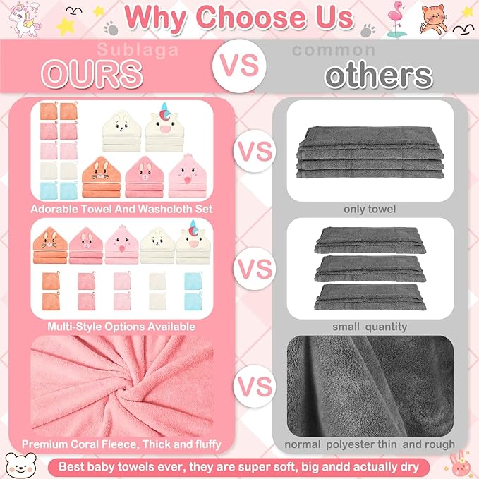 15 Pcs Baby Hooded Baby Towel, Hooded Baby Bath, 5 x Cute Baby Towels and 10 x Baby WashCloth Sets- Perfect Shower Gift for Boys or Girls, Absorbent, Soft, Comforting for Newborn, Infant and Toddler