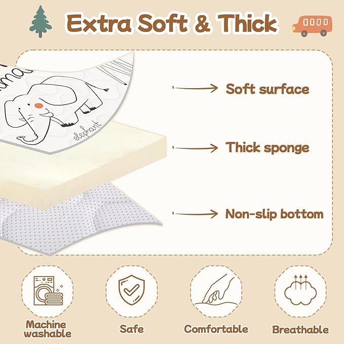 Baby Play Mat for Floor,Soft 50x50 Playpen Mat,Thick Foam Cushioned Playmat for Tummy Time,Safe Non-Slip Backing for Crawling for Kids Toddlers Infants,Line Animals