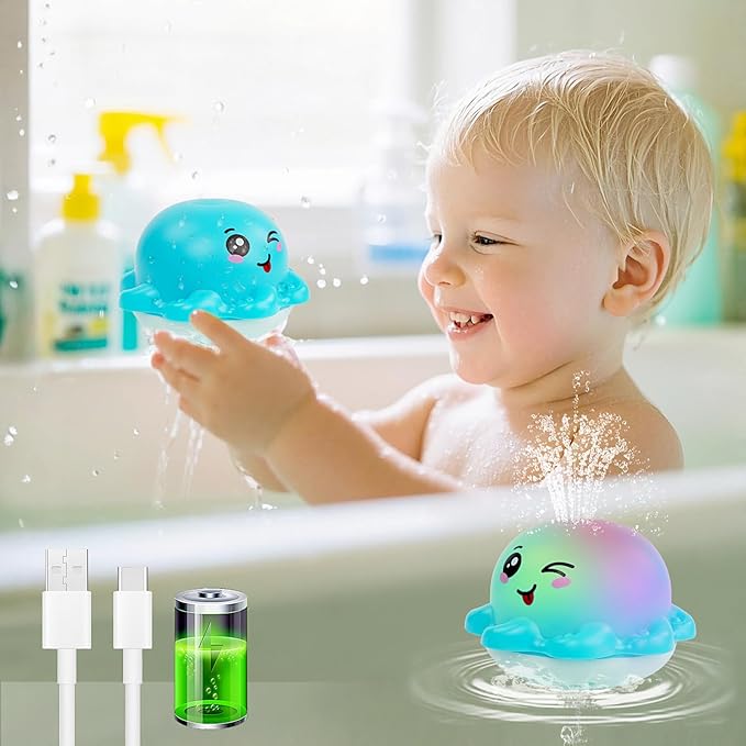 Light Up Bath Toy Sprinkler for Babies, Rechargeable Bathtub Pool Water Toys Baby Gifts for Toddlers, Shower Essentials (Blue Octopu)