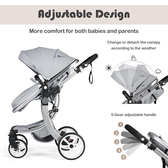 BABY JOY 2-in-1 High Landscape Baby Stroller, Reversible Bassinet Reclining Stroller, Foldable Push Chair w/Adjustable Canopy, Storage Bag, Foot Cover, Rain Cover & Net, Aluminum Alloy Frame (Gray)