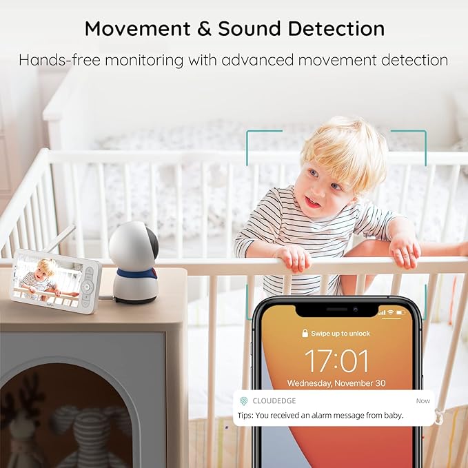 BOIFUN 5" Baby Monitor, 1080P WiFi Baby Camera Via App and Screen Control, Night Vision, 2-Way Talk, Cry& Motion Detection, Record & Playback, Lullabies, Phone App, Works with iOS, Android