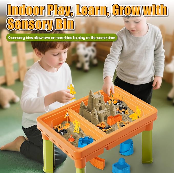 Lehoo Castle Sensory Table with Sensory Sand, Sensory Bin with Lid & 2.6lbs Play Sand, Construction Kit with 6 Alloy Trucks & Castle Molds, Sensory Toys for Toddler Boys and Girls