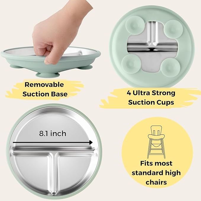Stainless Steel Toddler Feeding Set 4 Pieces – Suction Plate, Silicone Bib, Spoon & Fork – Divided Plates for Baby Led Weaning, BPA-Free, Removable Shell (Sage Green)