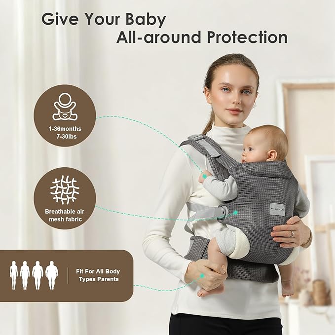 Baby Carrier Newborn to Toddler, Easy Adjustable Toddler Carrier for 7-30lbs, Baby Holder Wrap Carrier, Breathable Mesh Fabric Infant Kangaroo Hip Carriers with Lumbar Support, Grey