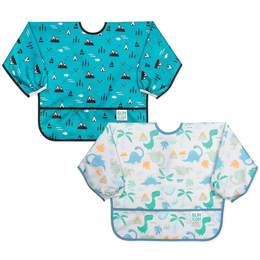 Bumkins - Sleeved Bib - For Boys & Girls, Babies & Toddlers 6-24 Months - Lightweight, Durable, Waterproof -Long Sleeve Bib -Catch-All Pocket -Wipeable & Machine Washable -Dinosaurs & Outdoors -2 Pack