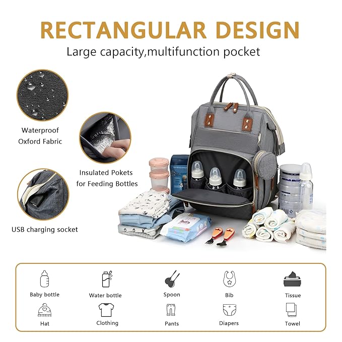 Baby Diaper Bag Backpack with Changing Station Travel Waterproof 3 in 1 Foldable Pad Unisex Grey