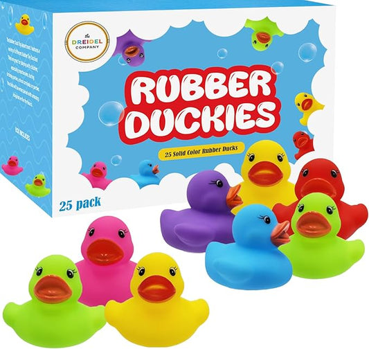 The Dreidel Company Classic Rubber Duck Toy Duckies for Kids, Six Solid Colors, Bath Birthday Gifts Baby Showers Classroom Summer Beach and Pool Activity, 2" (25-Pack)