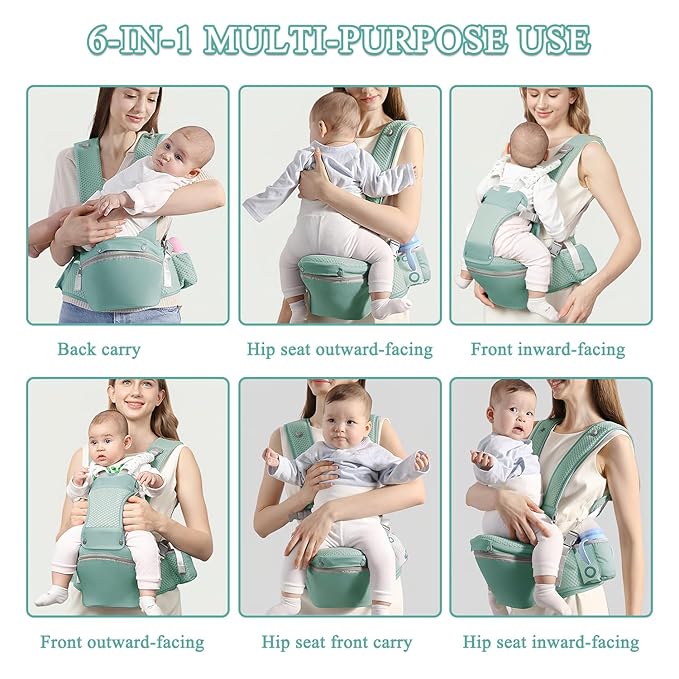 Baby Carrier with Hip Seat for Newborn to Toddler, 6-in-1 Ergonomic Infant Carrier for 0-36 Month Baby, All Positions Soft Breathable Mesh Wrap Carrier with Waist Stool, Easily Adjustable Baby Holder