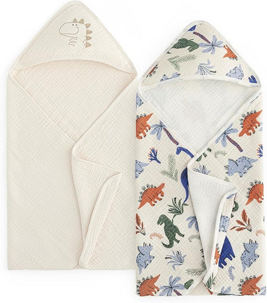 david's kids 2 Pack Hooded Baby Towels, Large 32"x32", 6 Layer 100% Muslin Cotton Highly Absorbent Boy Bath Towel for Newborn, Infant and Toddler, Soft and Breathable Baby Essentials, Dinosaur Story