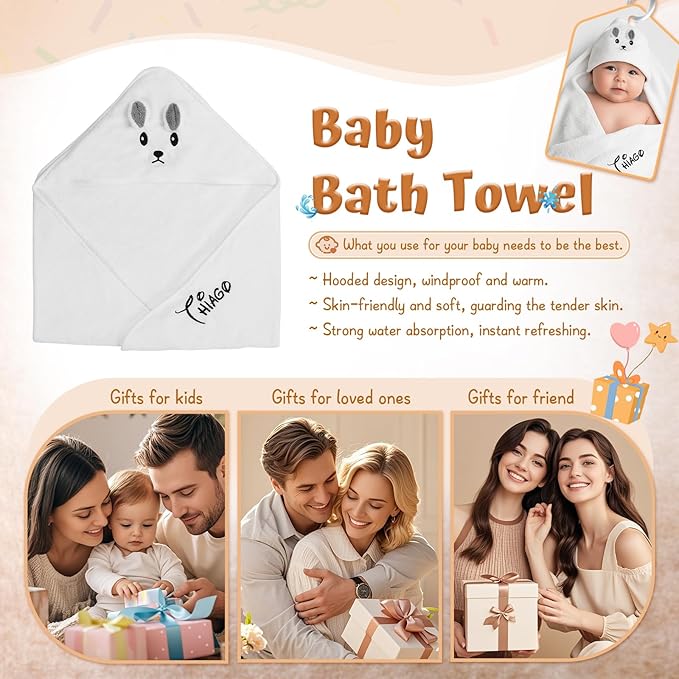 Personalized Baby Towels for Newborn Custom Embroidery Name Hooded Baby Bath Towels for Boy Girl Newborn Essentials Must Haves Shower Gift Soft Coral Velvet 30"x30" (White)