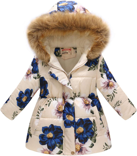 Miss Bei Girl's Winter Coat Jacket Hooded Kids Toddler Flower Print Parka Outwear Warm Cotton Puffer Hooded Jacket