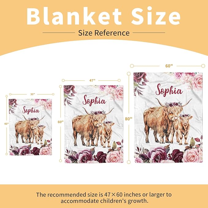 Personalized Baby Blanket, Custom Baby Blankets with Name for Girls Boys, Flannel Double Layer Dotted Backing Receiving Swaddle Blanket, Highland Cow Toddlers Infants Customized Gifts(47"x60")