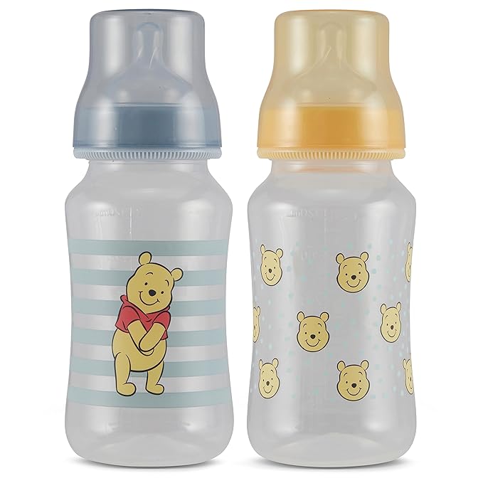 Disney Winnie The Pooh Baby Bottles 11 oz for Boys or Girls | 2 Pack of Infant Hourglass Shaped Bottles with Cover for Newborns and All Babies | BPA-Free Plastic Baby Bottle for Baby Shower
