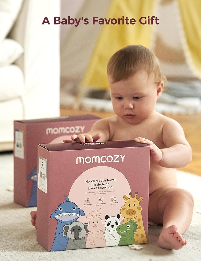 Momcozy Baby Bath Towels with Visualize Health Label - Ultra Soft & Absorbent Coral Fleece Hooded Towels for Newborn, Infant, Toddler (0-36 Months) Bath Essentials (Large Size,2 Pack)