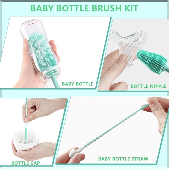 Silicone Baby Bottle Brush and Straw Cleaner Brush Set,Silicone Fully Encased Dish Brush,Versatile Deep Cleaning Long Water Bottle Brushes,Heat Resistant Sturdy Kitchen Brush,Hangable Cup Brush