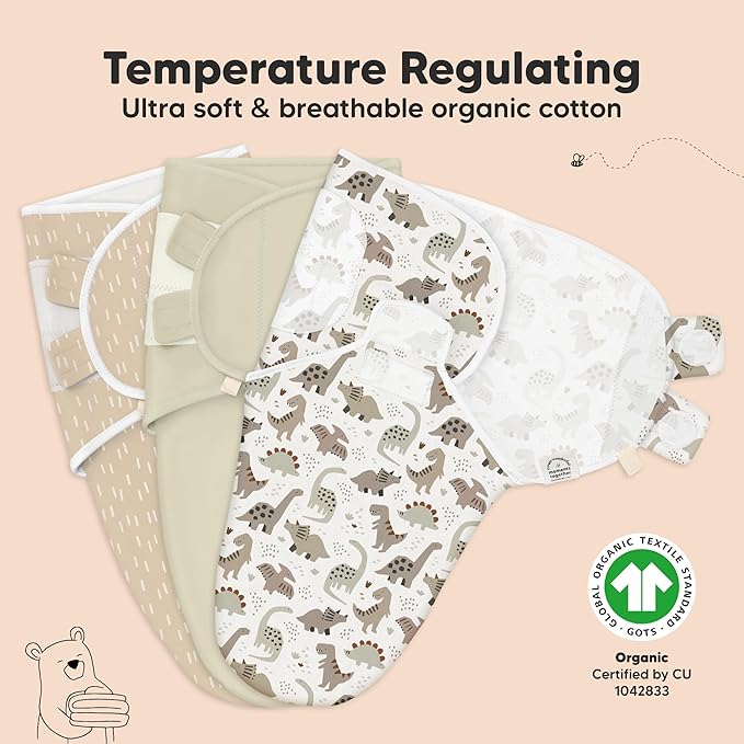 3-Pack Organic Baby Swaddle Sleep Sacks - Swaddles for Newborns, Infant 0-3 Months, Baby Girls, Boys, Soft & Snug Newborn Sleep Sack, Nursery Swaddling Blankets (Dino Ridge)