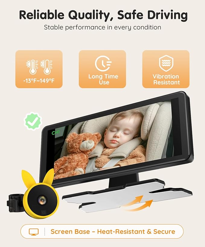 Babyvue BV3 PRO Baby Car Camera for 2 Kids - 7.2" Large HD Display Dual Channel Baby Monitor, 1080P IR Night Vision Car Seat Camera, Easy Install Rear-Facing View – Ideal for Kids and Pet Safety