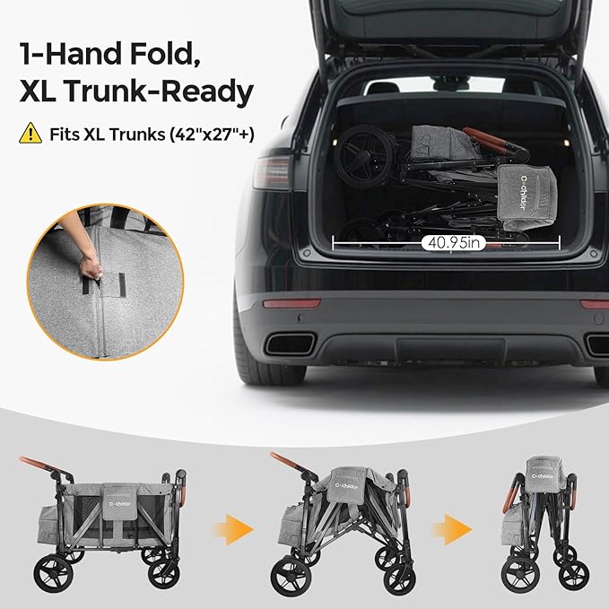 Premium 4-Seater Wagon Stroller for Kids, All-Terrain Heavy Duty Stroller Wagon with 300lb Capacity, 1-Hand Fold, High Seats with 5-Point Harness, Adjustable Canopy & Handlebars, Light Gray